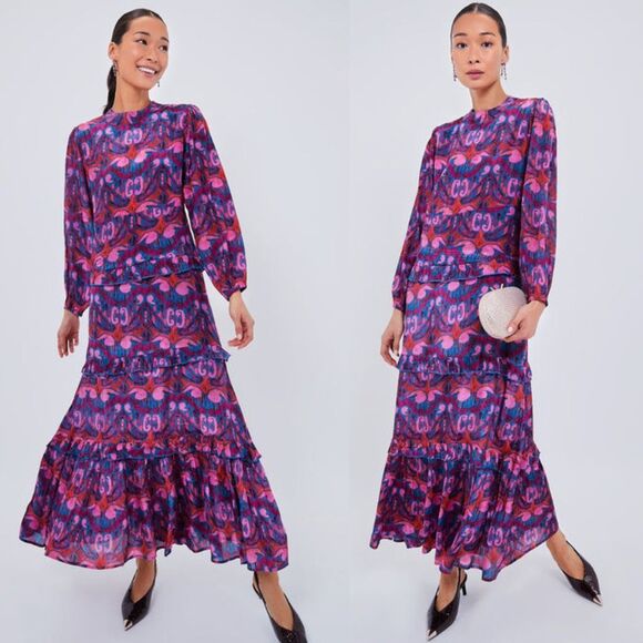 Oliphant Dresses & Skirts - Oliphant Kazak Mock Neck Multicolor Print Tiered Long Sleeve Maxi Dress Size M